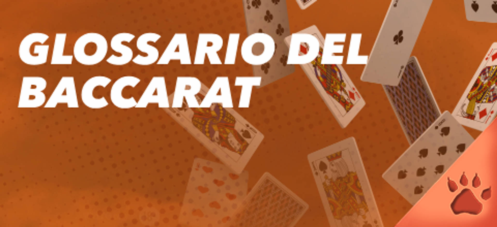 Glossario del Baccarat con carte da gioco su sfondo arancione.