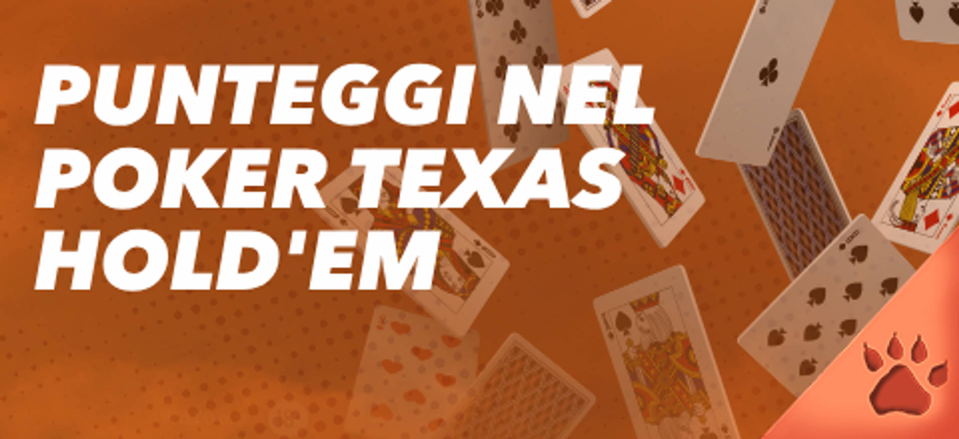 Punteggi nel Poker Texas Hold'em con carte da gioco su sfondo arancione.