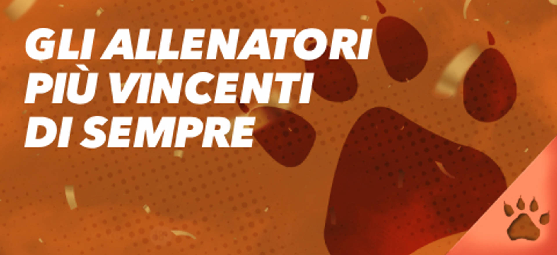 Gli allenatori più vincenti di sempre su sfondo arancione con impronta di zampa.