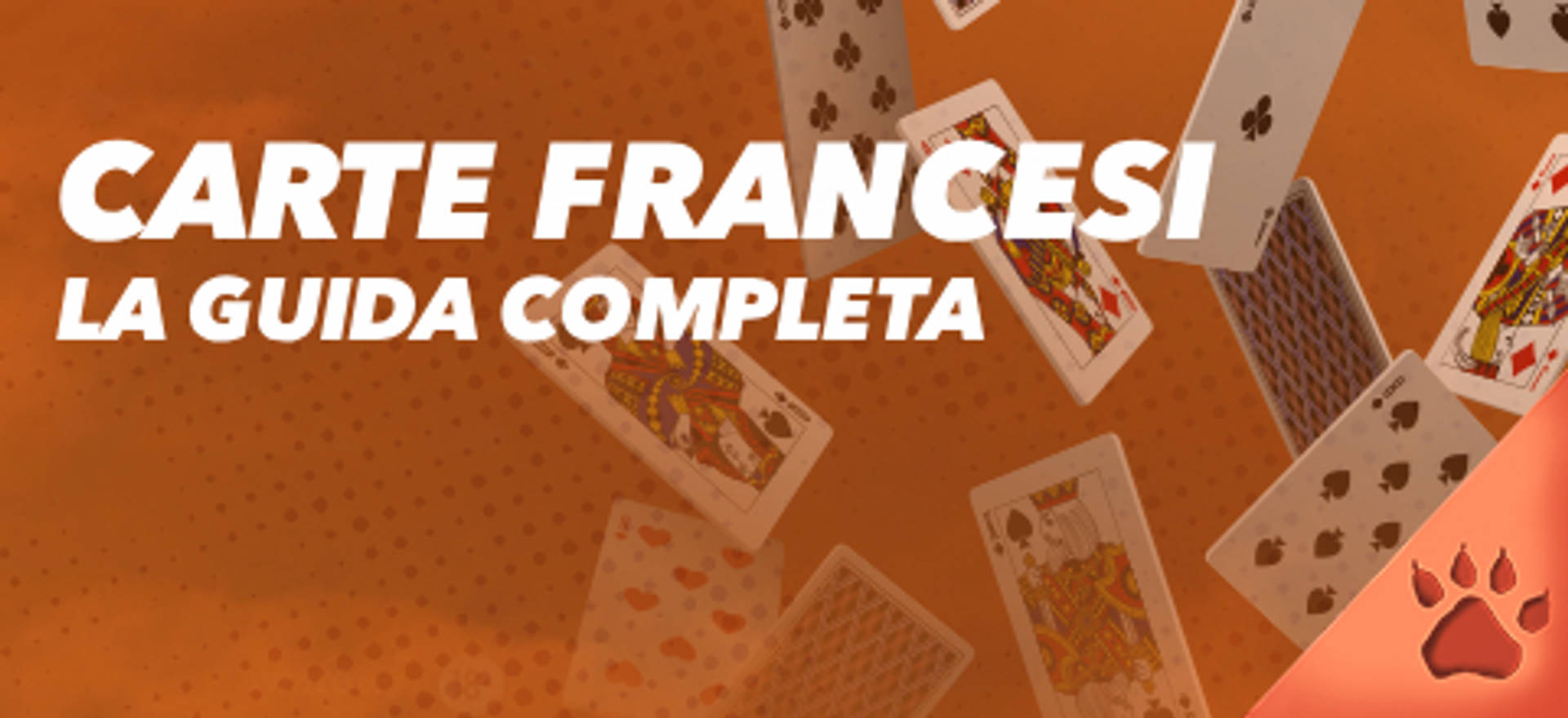la guida completa, con carte da gioco sparse su sfondo arancione.