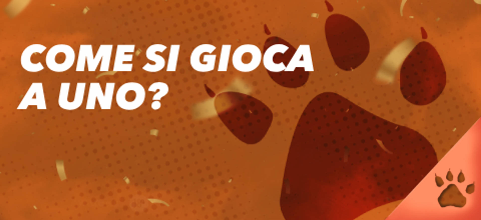 Come si gioca a uno? testo su sfondo arancione con impronta di zampa.