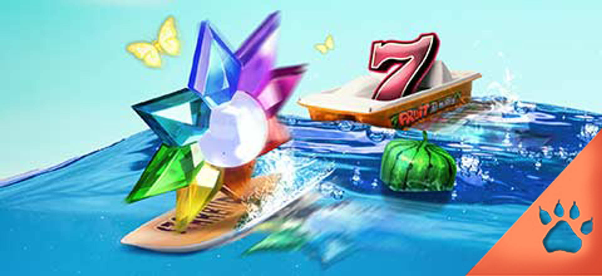 Grafica di gioco con cristalli su una tavola da surf, un sette su una barca e un'anguria sull'acqua.