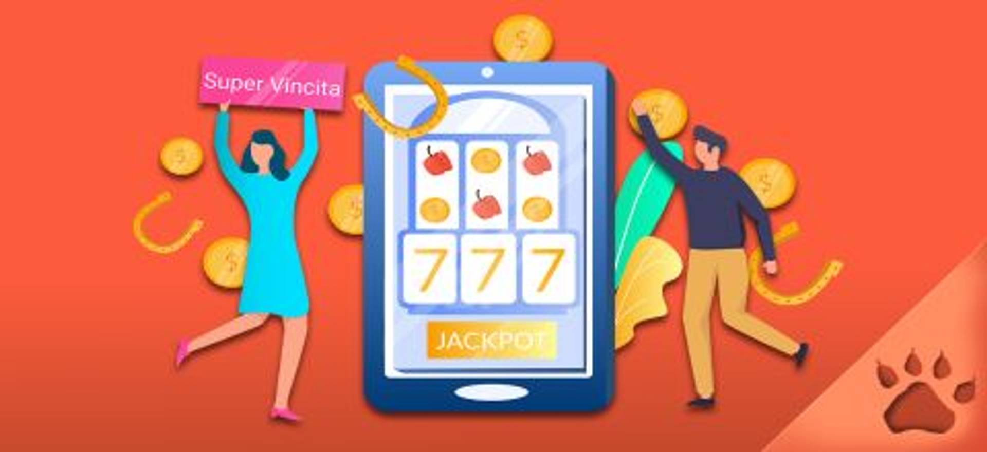 Illustrazione di slot machine su telefono con jackpot e persone che festeggiano una Super Vincita.