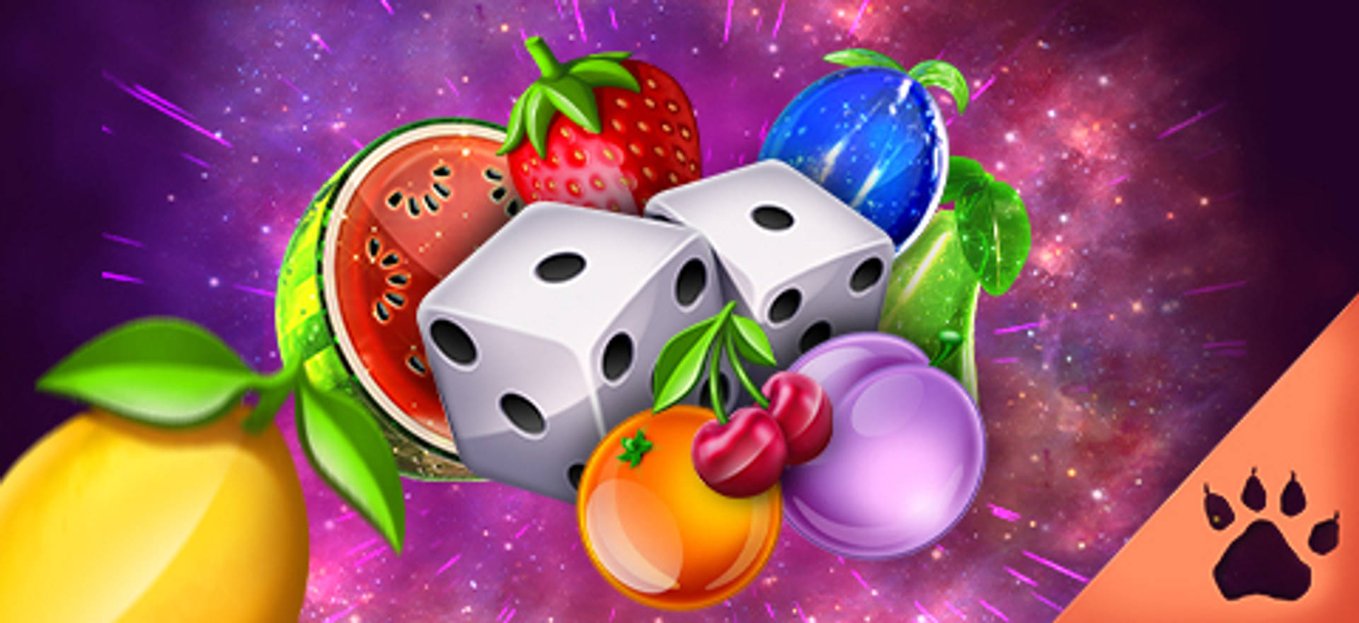 Dadi e frutta colorata su sfondo viola, elementi di gioco casinò.