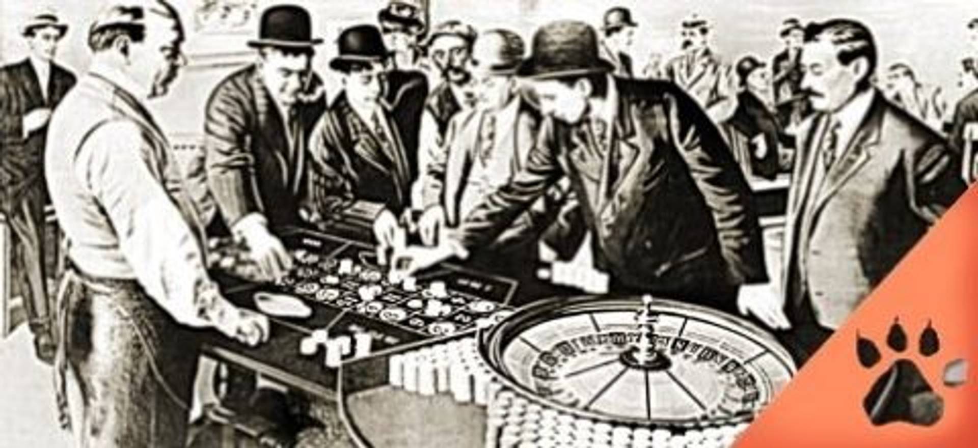 Illustrazione vintage di persone attorno a un tavolo da roulette in un casinò.