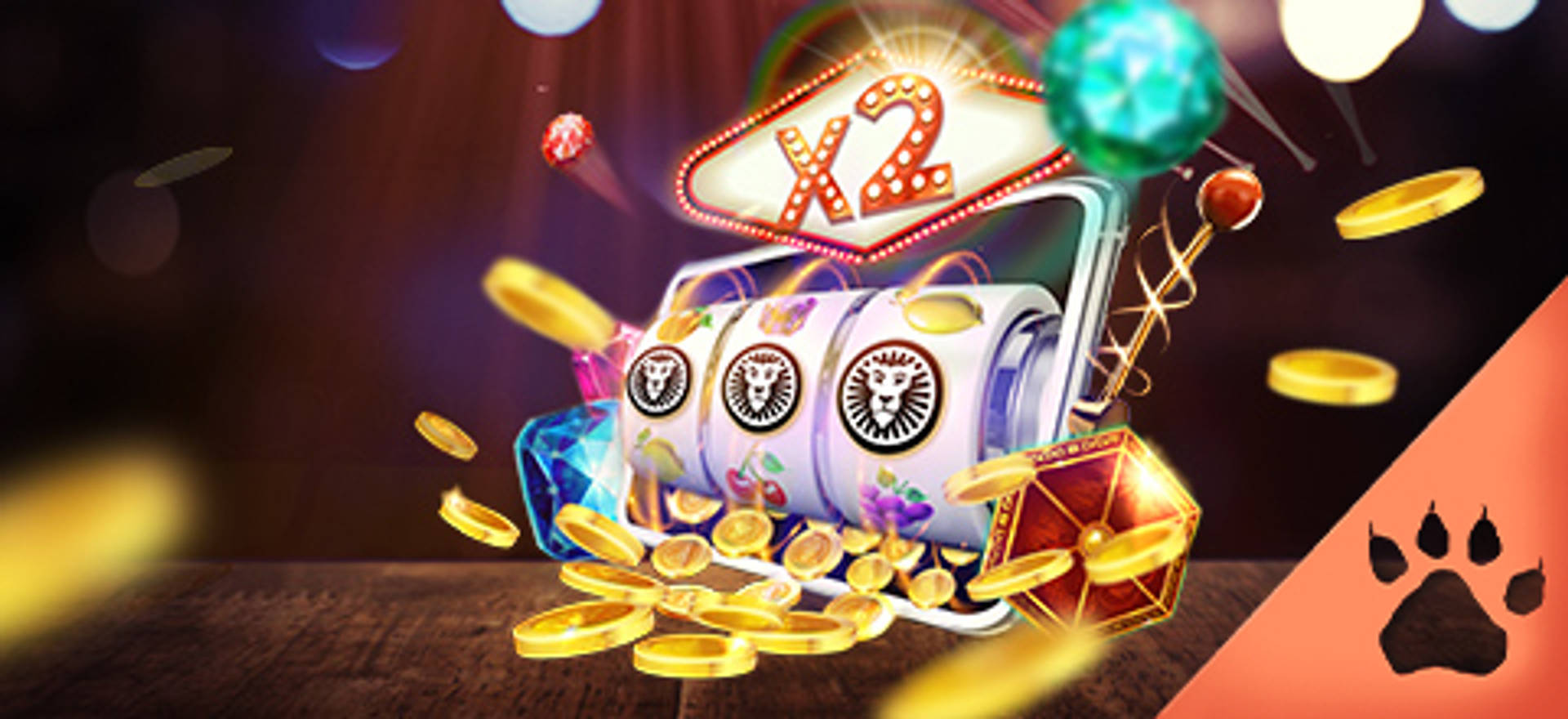 Slot machine con moltiplicatore x2 e monete d'oro.