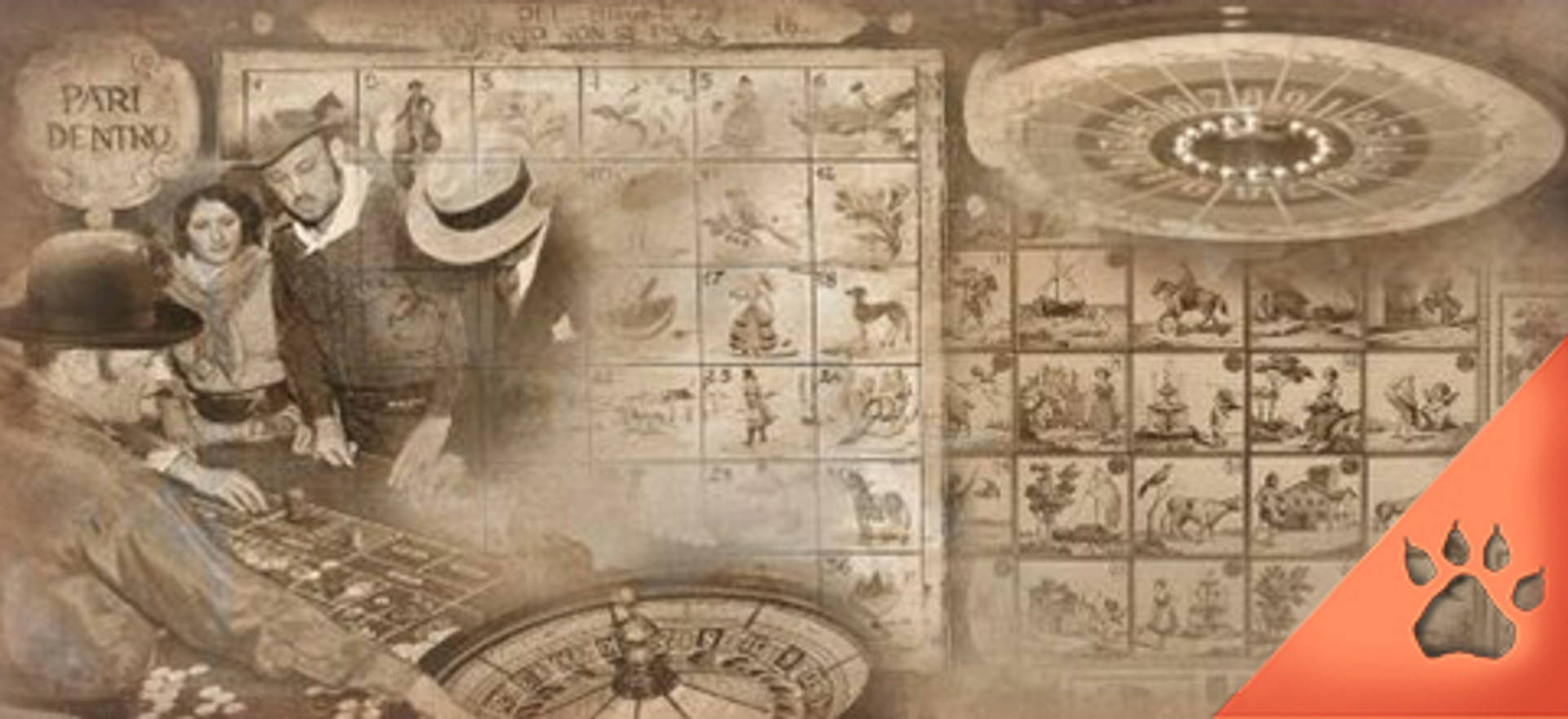 Immagine vintage con persone che giocano alla roulette e una griglia di immagini.