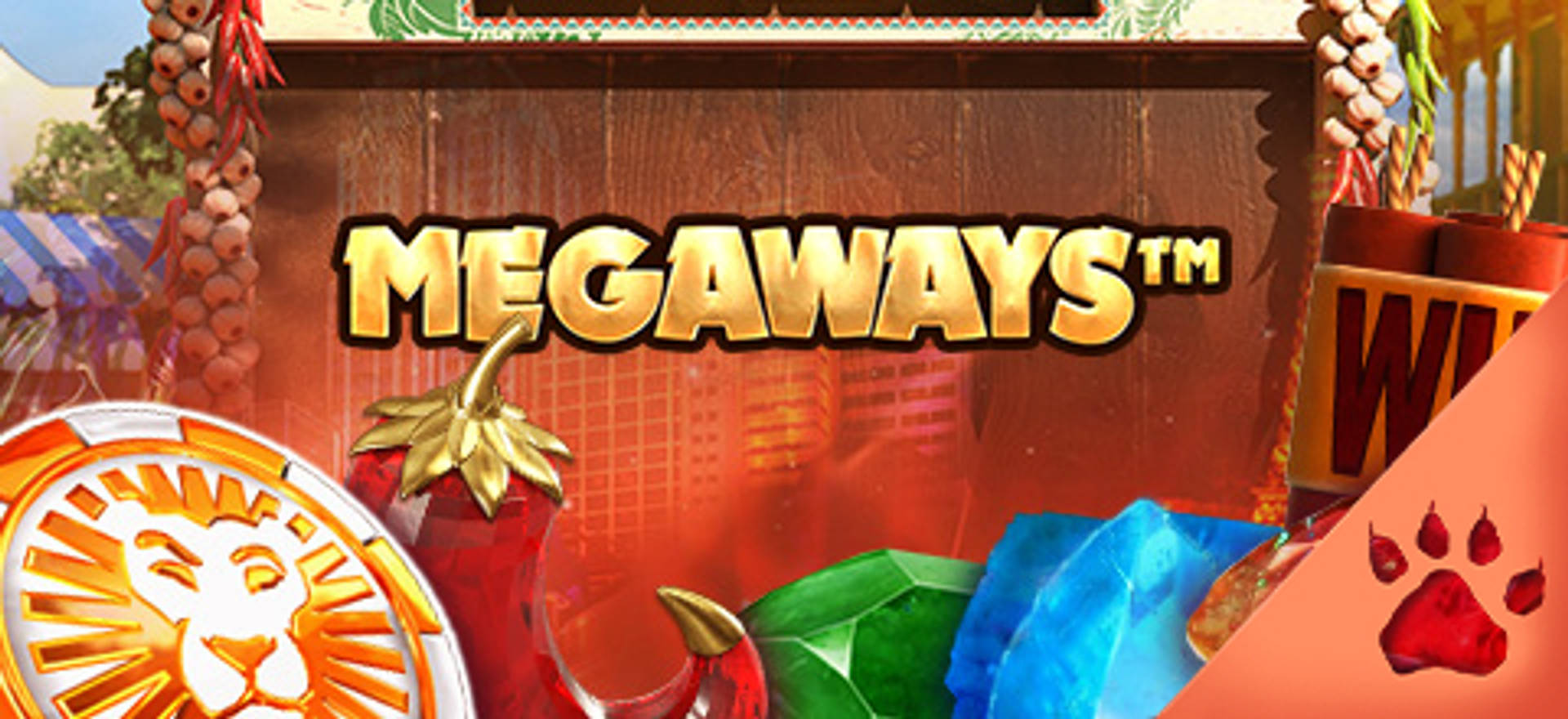 Slot machine online con logo MEGAWAYS™, peperoncini, gemme e gettone con leone.