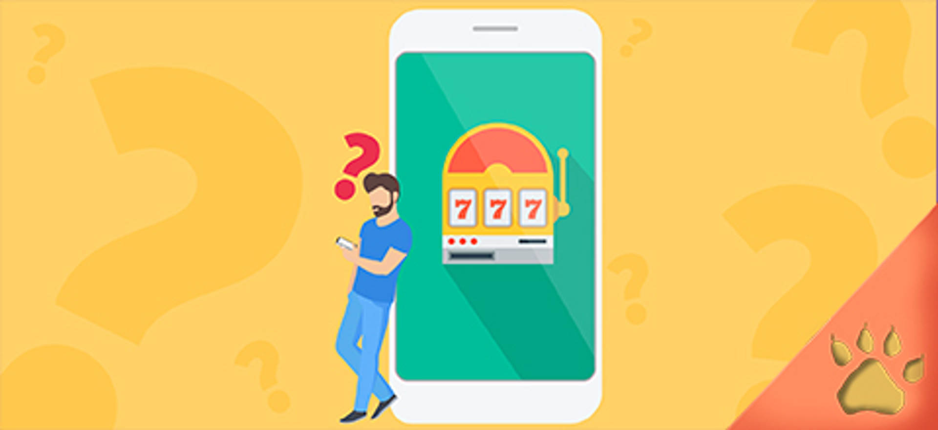 Uomo pensieroso con slot machine su smartphone; sfondo giallo con punti interrogativi.