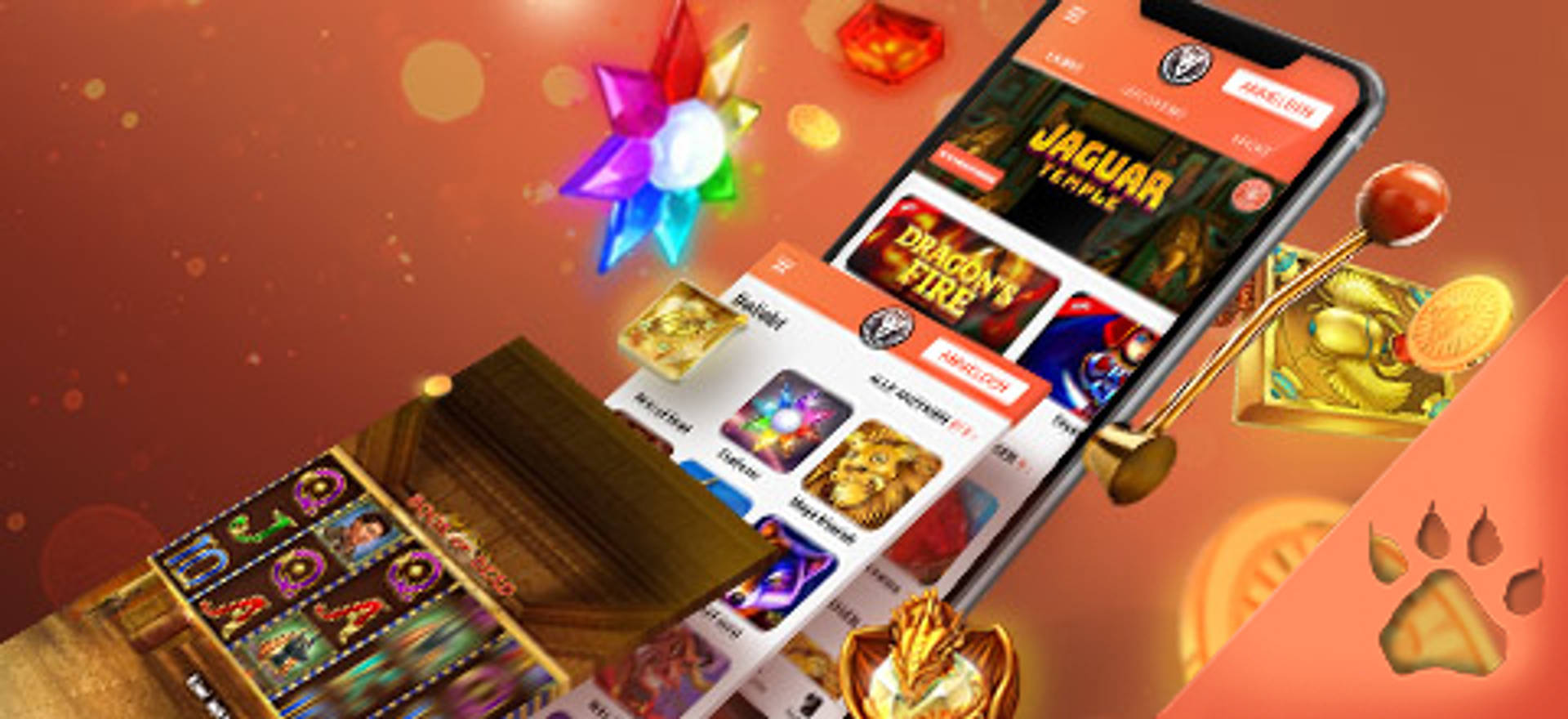 Interfaccia app casinò con giochi come Jaguar Temple e Dragon's Fire, con decorazioni a tema casinò.