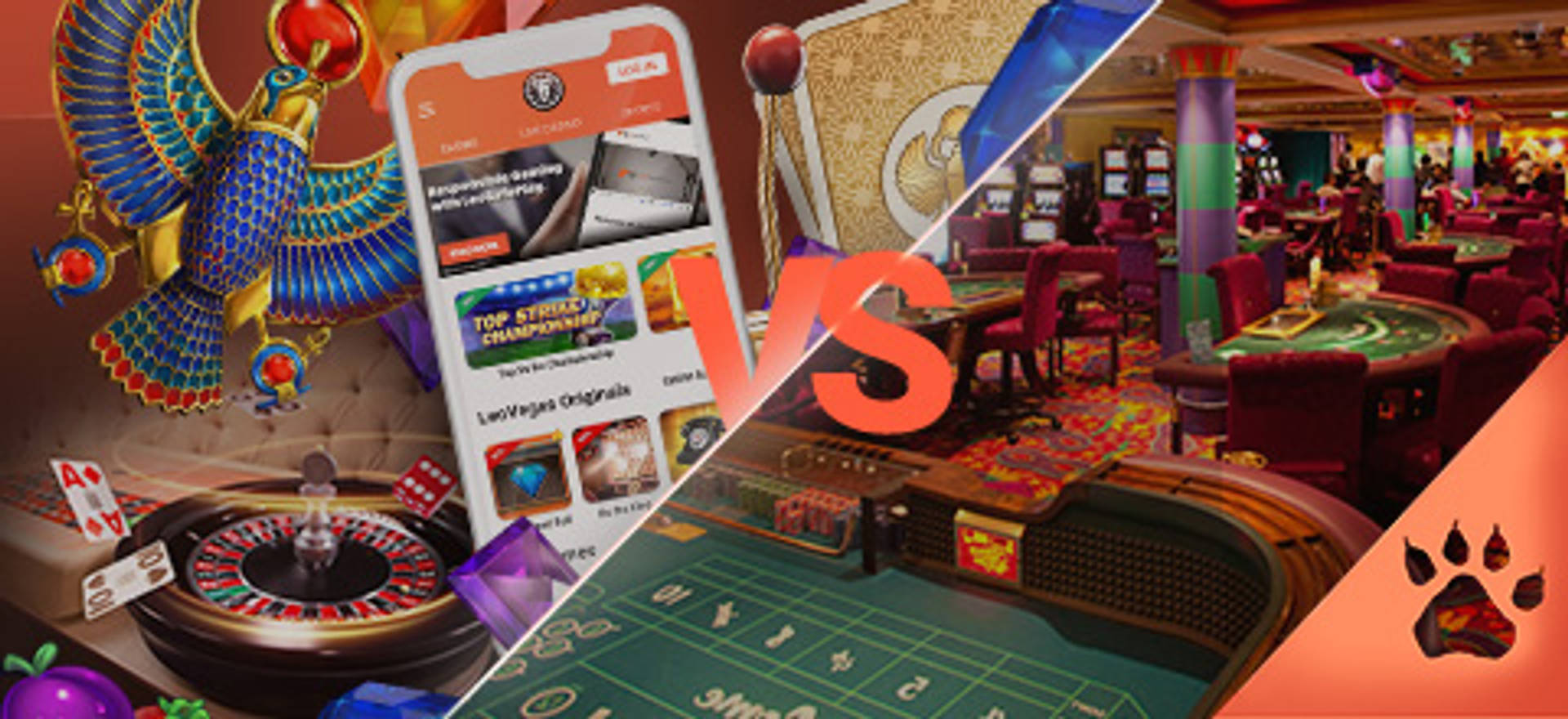 Confronto tra app di casinò online e casinò fisico con roulette e tavoli da gioco.