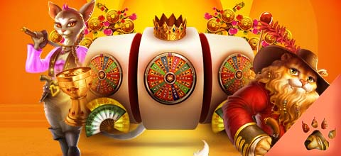 Slot machine con gatti antropomorfi vestiti in abiti d'epoca e una corona.