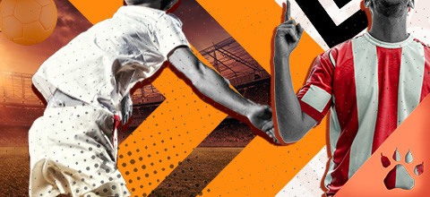 Collage di calciatori su sfondo arancione con stadio.