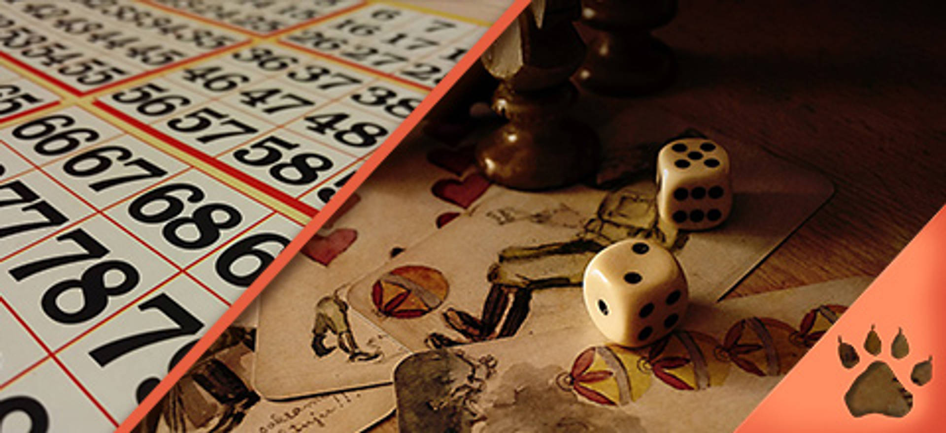 a sinistra, cartella della tombola; a destra, dadi e carte da gioco.