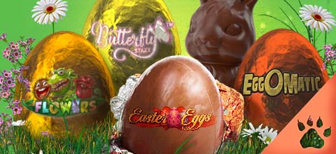 Uova di Pasqua decorate con vari marchi e un coniglietto di cioccolato.