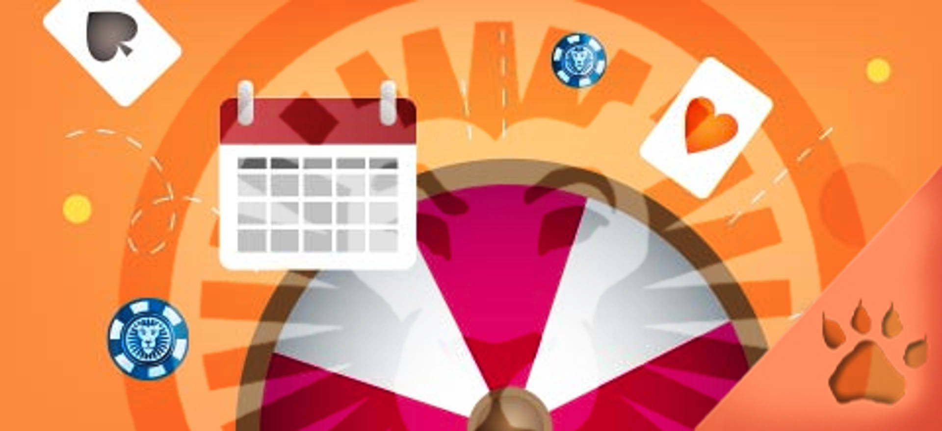Ruota con calendario, carte da gioco e fiches, che suggerisce promozioni giornaliere o Gioco della Settimana.