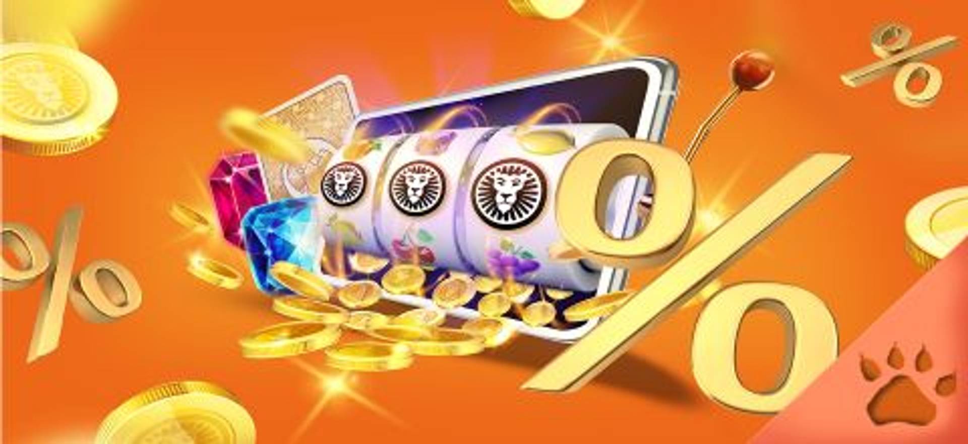 Slot machine su smartphone con monete d'oro e simbolo percentuale, promozione casinò.