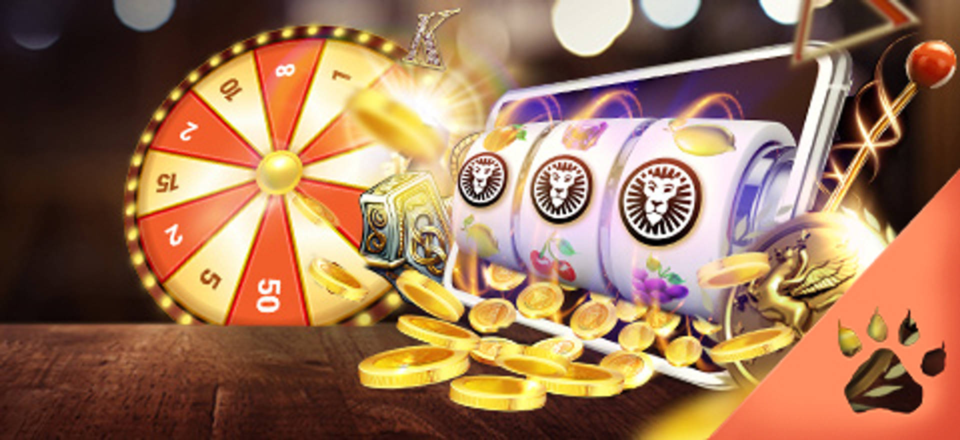 Ruota della fortuna, slot machine su telefono e monete d'oro.