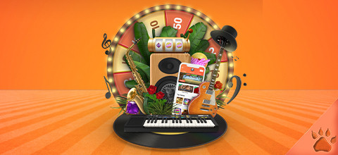 Ruota della fortuna, strumenti musicali, slot machine e smartphone su un disco in vinile.