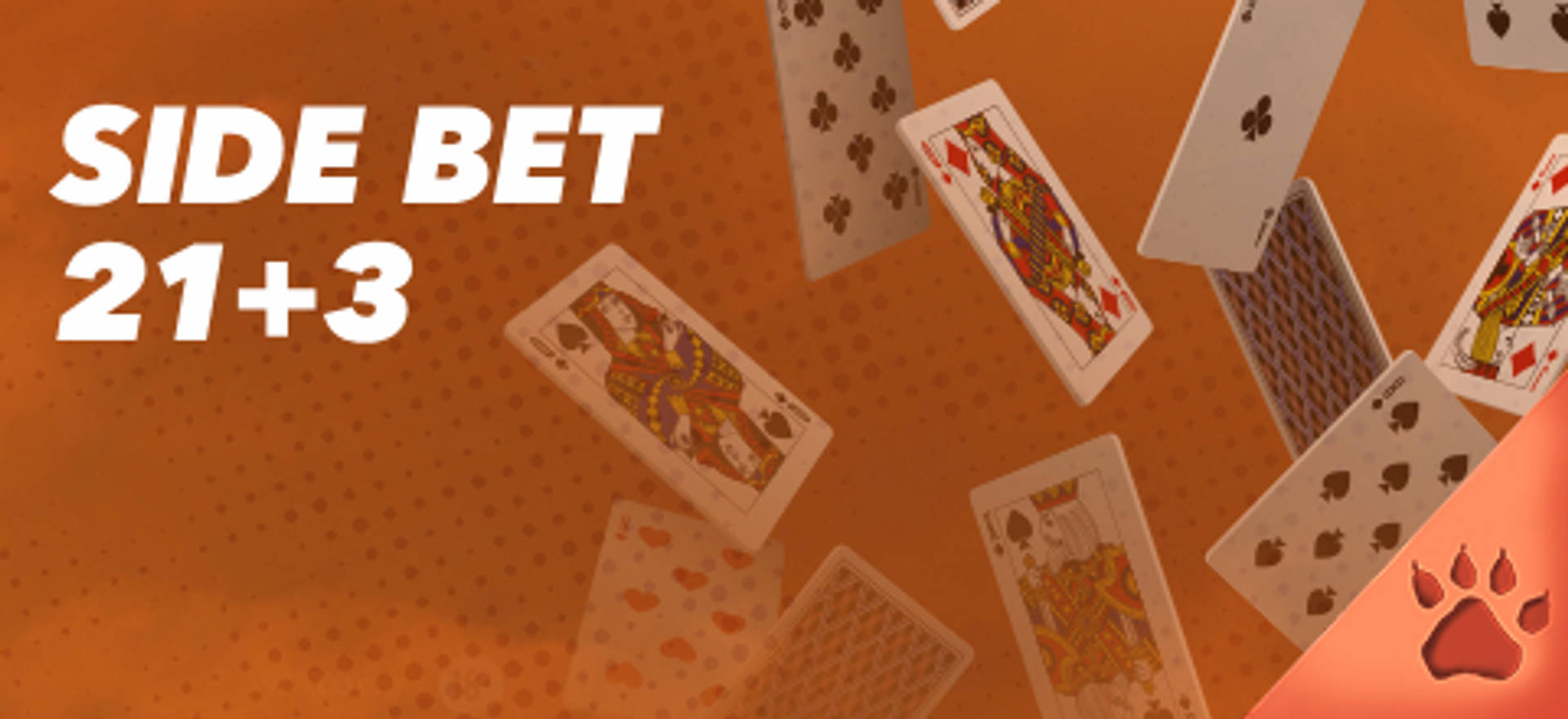 Side Bet 21+3 con carte da gioco su sfondo arancione.