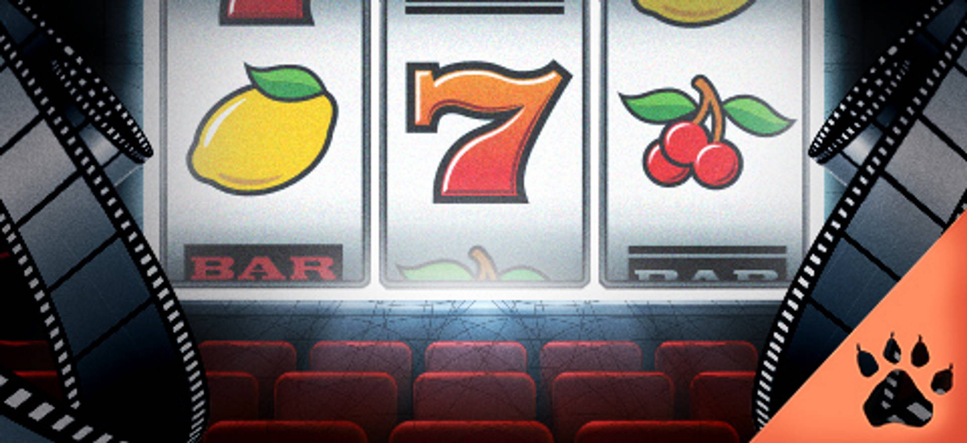 Slot machine con simboli di frutta e numero 7, ambientata in un cinema.