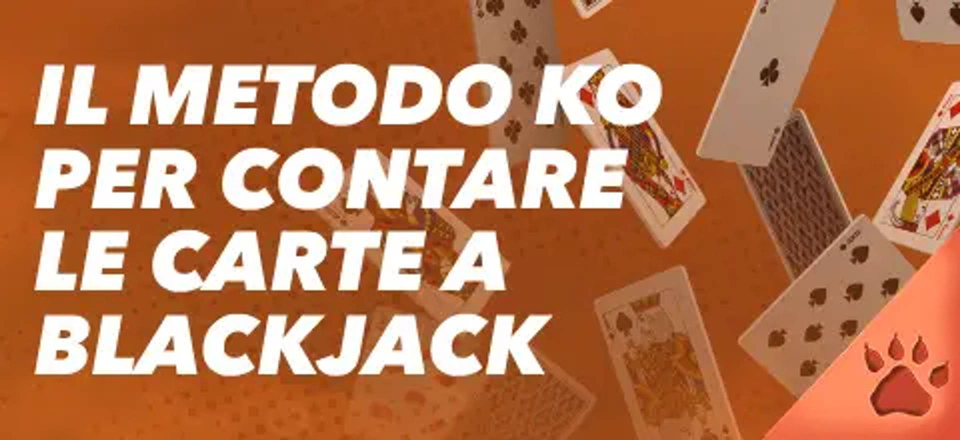 Il metodo KO per contare le carte a Blackjack, con carte da gioco sparse e logo.