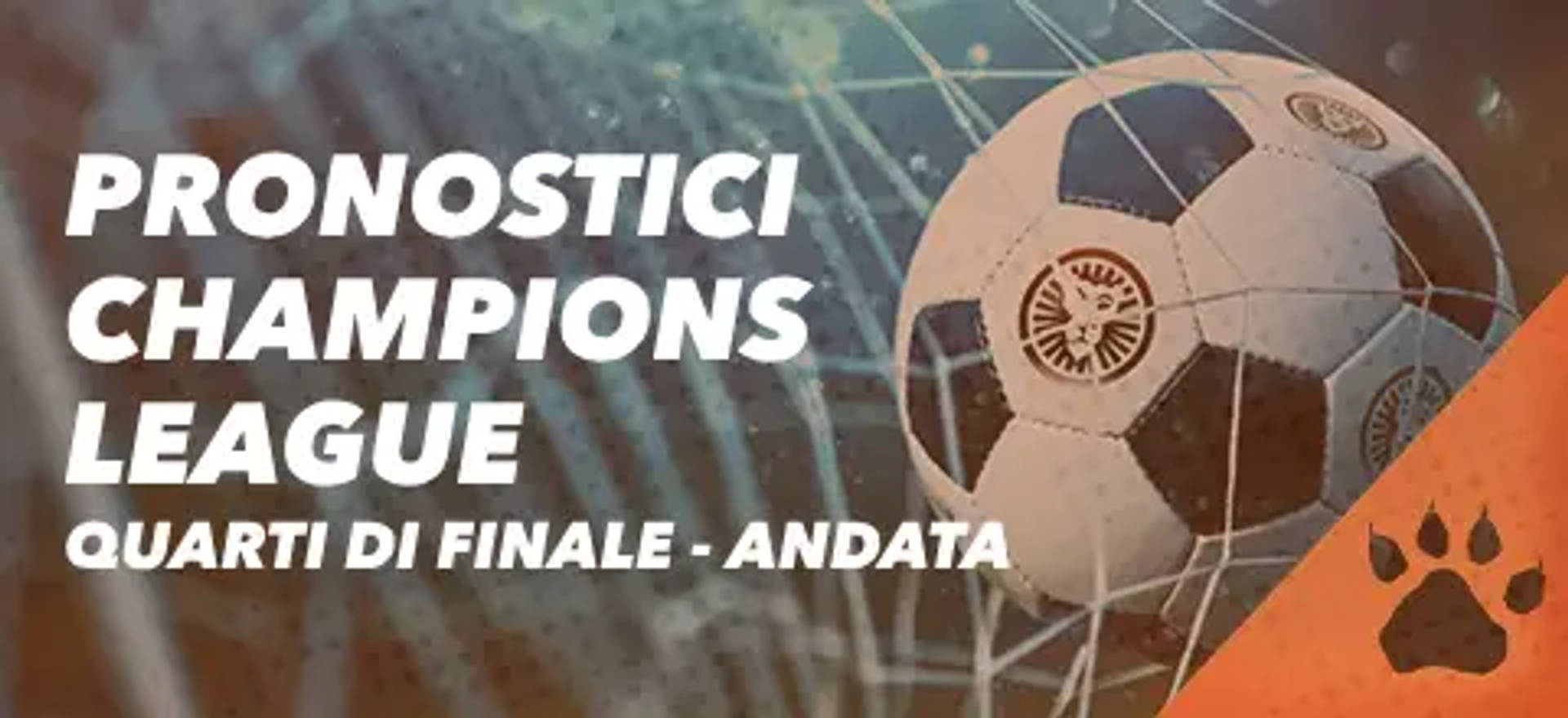Pronostici Champions League quarti di finale, con pallone da calcio e logo.