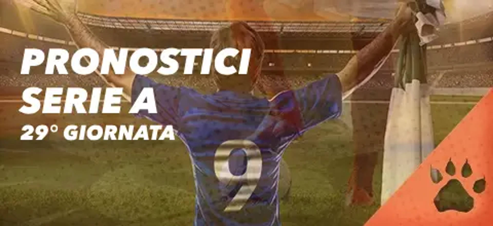 Pronostici Serie A, 29° Giornata, con giocatore di calcio che esulta in uno stadio.