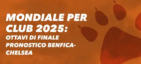 Sfondo arancione con impronta di zampa e testo Pronostico Benfica-Chelsea