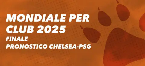 Sfondo arancione con impronta di zampa e testo Pronostico Chelsea-Paris Saint Germain