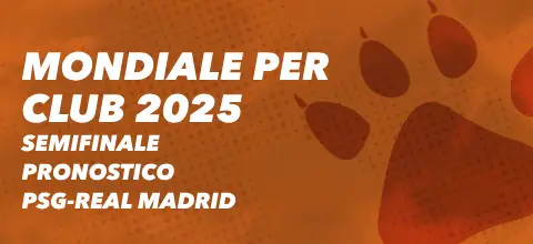 Sfondo arancione con impronta di zampa e testo Pronostico Paris Saint-Germain-Real Madrid