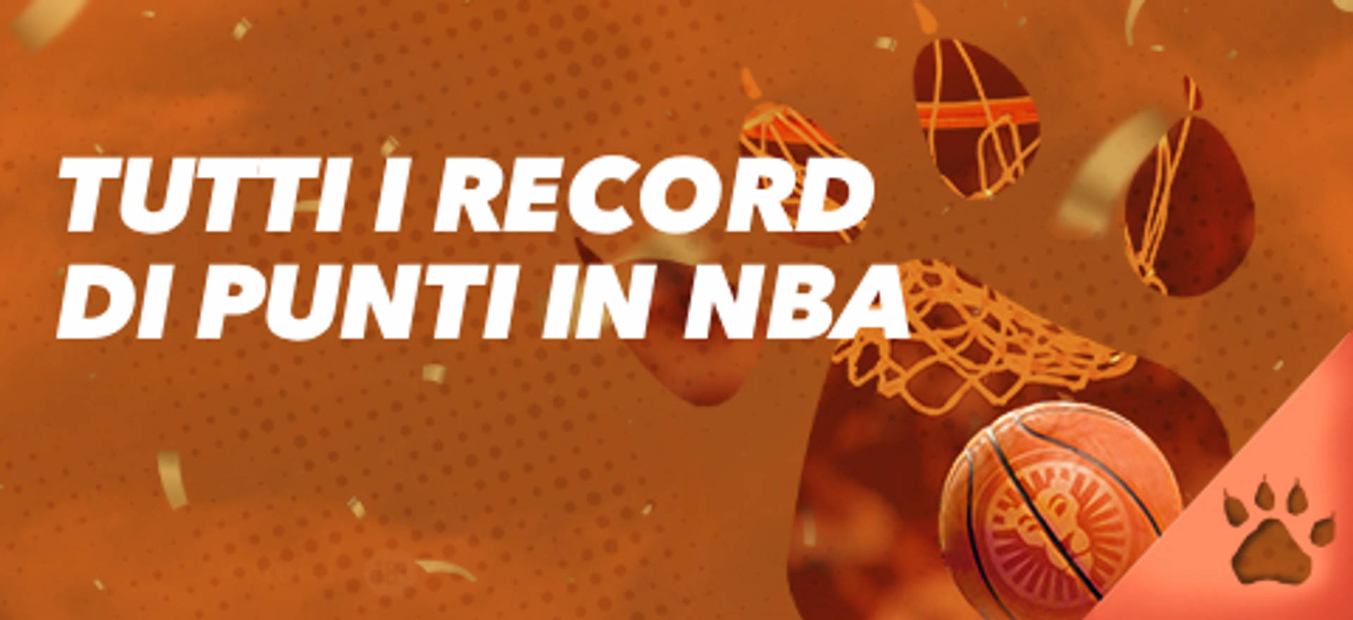 Tutti i record di punti in NBA su sfondo arancione con pallacanestro e decorazioni.